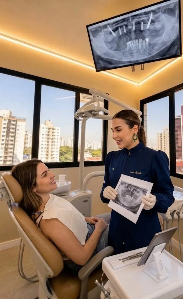 Dra. Gizele explicando um exame de imagem para a paciente